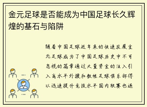 金元足球是否能成为中国足球长久辉煌的基石与陷阱