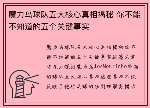 魔力鸟球队五大核心真相揭秘 你不能不知道的五个关键事实